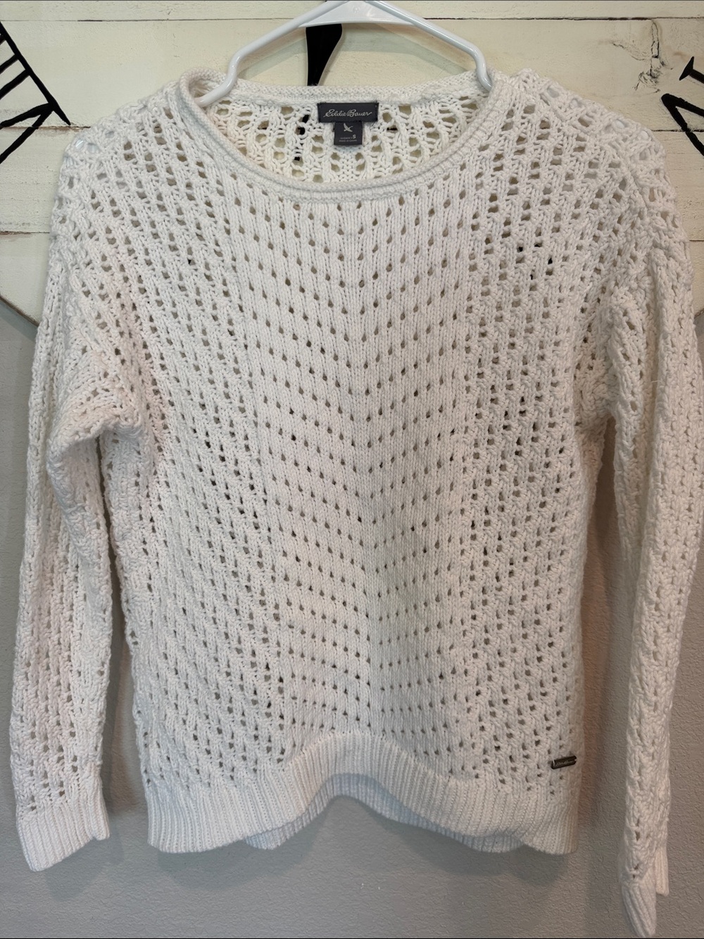 Eddie Bauer White Open-Knit Scoop Neck Pullover
